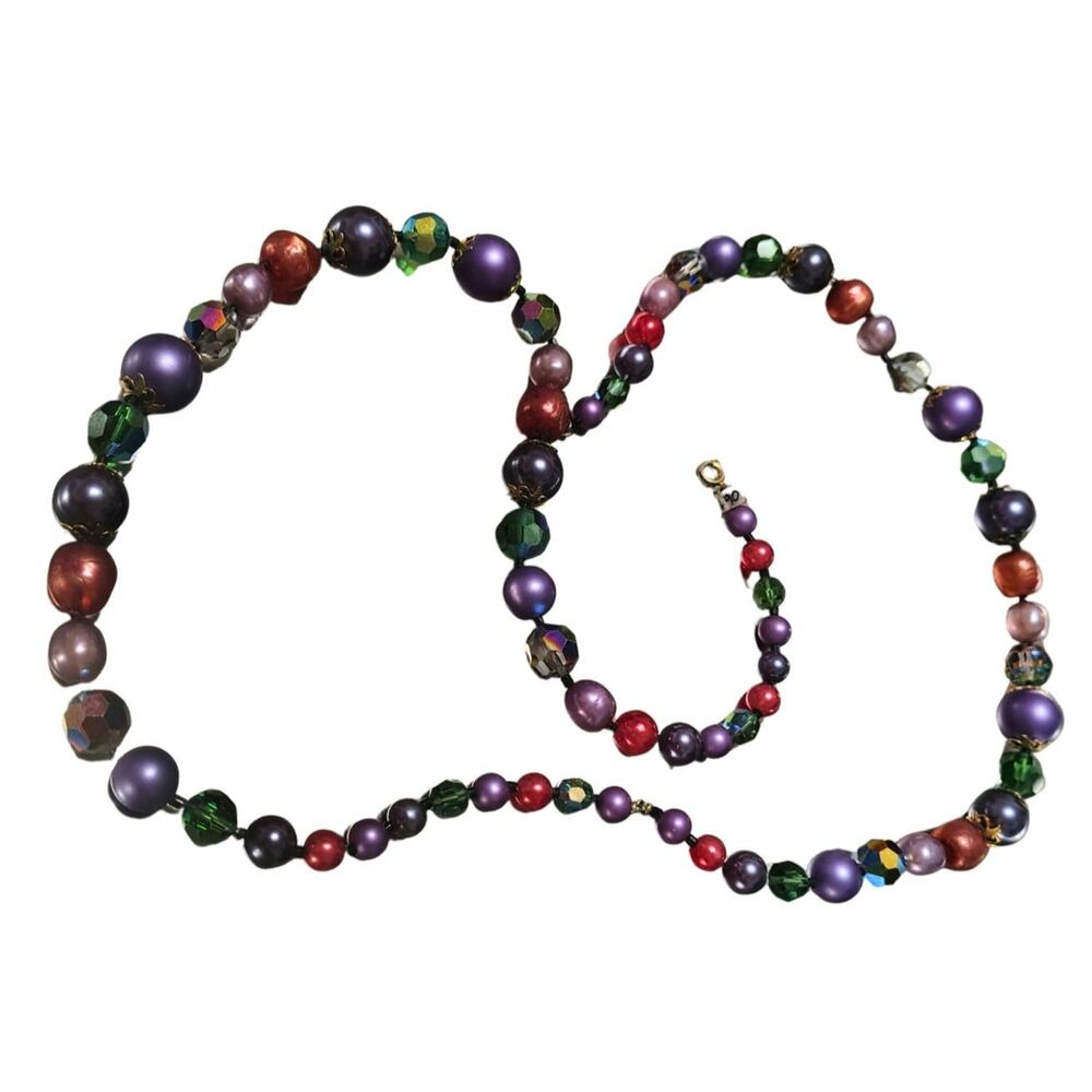 1950s Rainbow Single Strand Aurora Borealis Carnival Glass Beaded Long Necklace